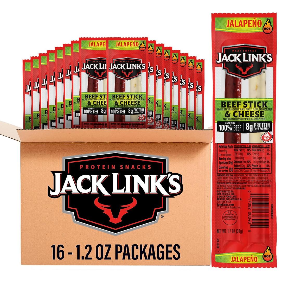 Jack Link's Jalapeno Beef Jerky Sticks and Cheese Sticks Combo - (16 Pack) 1.2 oz Snack Packs - Ready to Eat Protein Snacks - 8g Protein per Serving - Made with 100% Real Beef & Real Wisconsin Cheese (EXP 09/25/26)