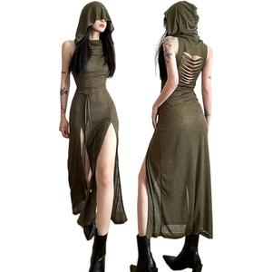 SINROYEE Women High Slit Long Dress Sexy Sleeveless Cocktail Dress Sexy Cutout Bodycon Party Club Cami Dresses (Medium, Khaki 4)