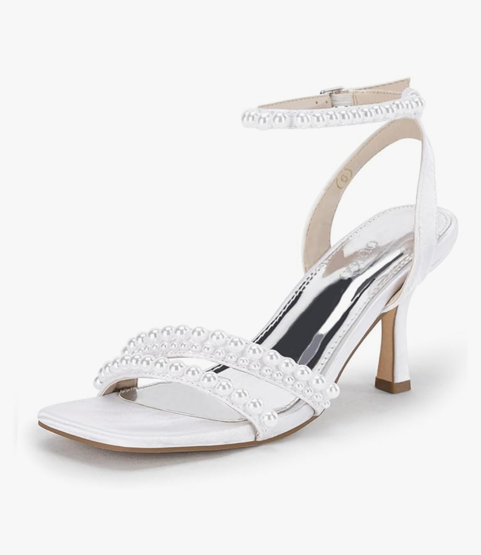 Coutgo Womens Pearl Kitten Heels Sandals Square Open Toe Dress Sandals Ankle Strap Satin Wedding Party Summer Sandals
Size 8