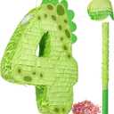 Poen 16 Inch Dinosaur Piata Number 1 2 3 4 5 6 7 8 9 for Kids Birthday Party Cute Dino Piata with Blindfold Stick and Confetti for Boys Girls Dinosaur Birthday Animal Theme Baby Shower Decor(4)