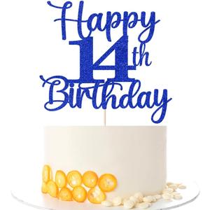 Kaoenla Glitter Happy 14th Birthday Cake Topper,Hello 14Cheers to 14Years,14th Anniversary /14 years old birthday Party Deco (14th, blue)