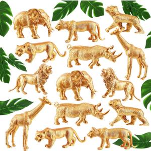Soaoo 26 Pieces Gold Animals Figures Set 14 Pcs Plastic Safari Figures 12 Pcs Faux Tropical Palm Leaves Birthday Cake Topper(Safari Animal)