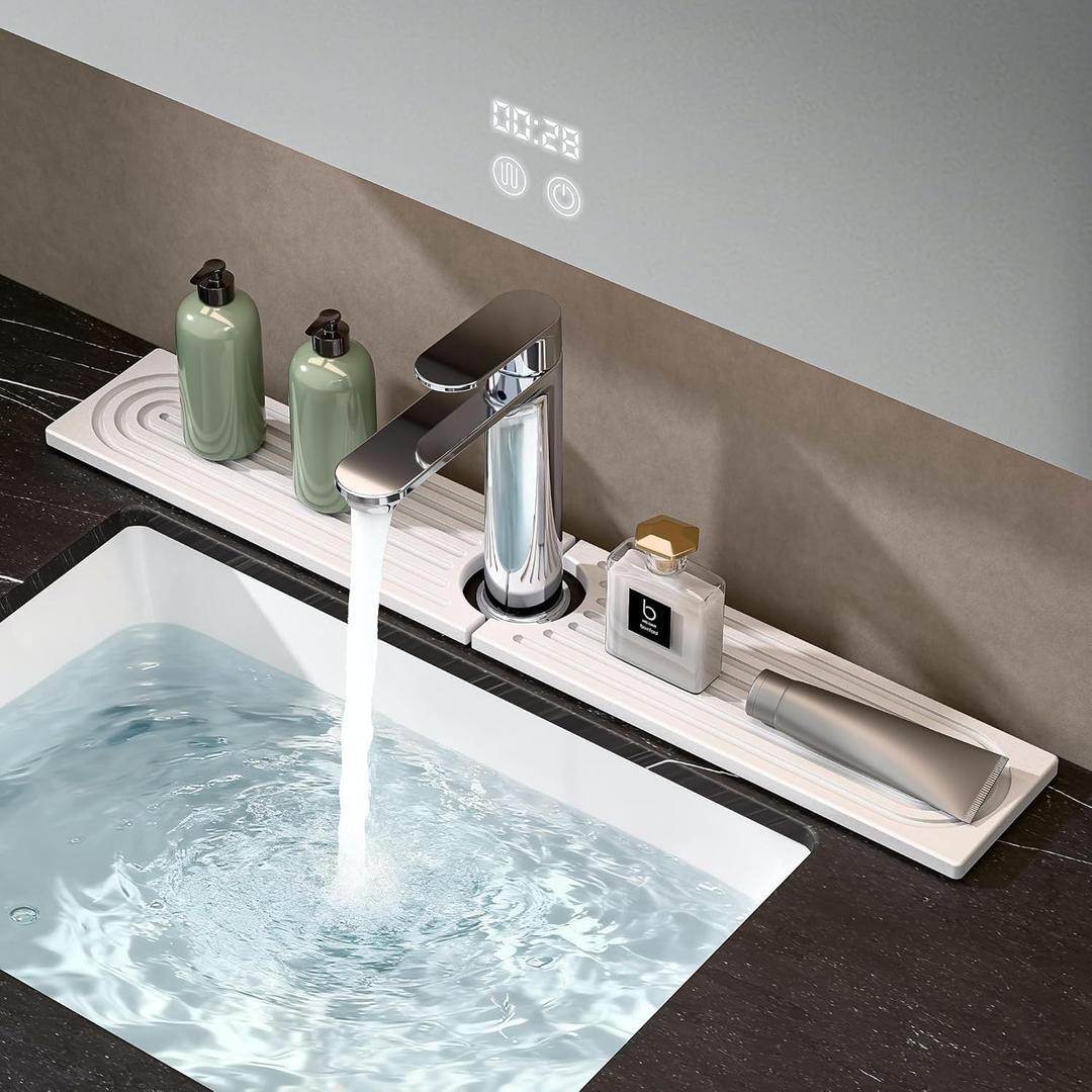 Faucet Mat for Kitchen Sink, Stone Drying Mat for Kitchen Counter, Stone Mat Bathroom, Kitchen Mat, Sink Mat, Water Absorbing Stone Tray for Sink, Bathroom Stone Mat (WHITE, 23.6*4")