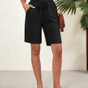 Ficerd 2 Pack Women's Linen Shorts Casual Drawstring Bermuda Summer Wide Leg Knee Length Shorts with Pockets (Black, S)