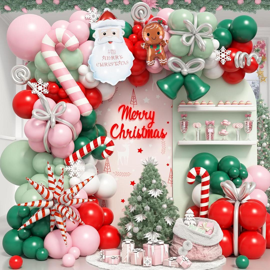 Froova Christmas Balloons Garland Arch Kit Xmas Pink Red Pastel Green Balloon Candy Cane Balloon Explosion Star Santa Gingerbread Balloons for Pink Christmas Pastel Baby Shower Holiday Party Decor