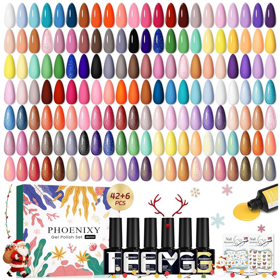 PHOENIXY 50 Pcs Gel Nail Polish Set, 42 Colors Gel Polish with Base & 4 Effects Top Coat All Seasons Nail Kit Gifts for Women Girls Nail Salon at Home (Sunshine Drops)