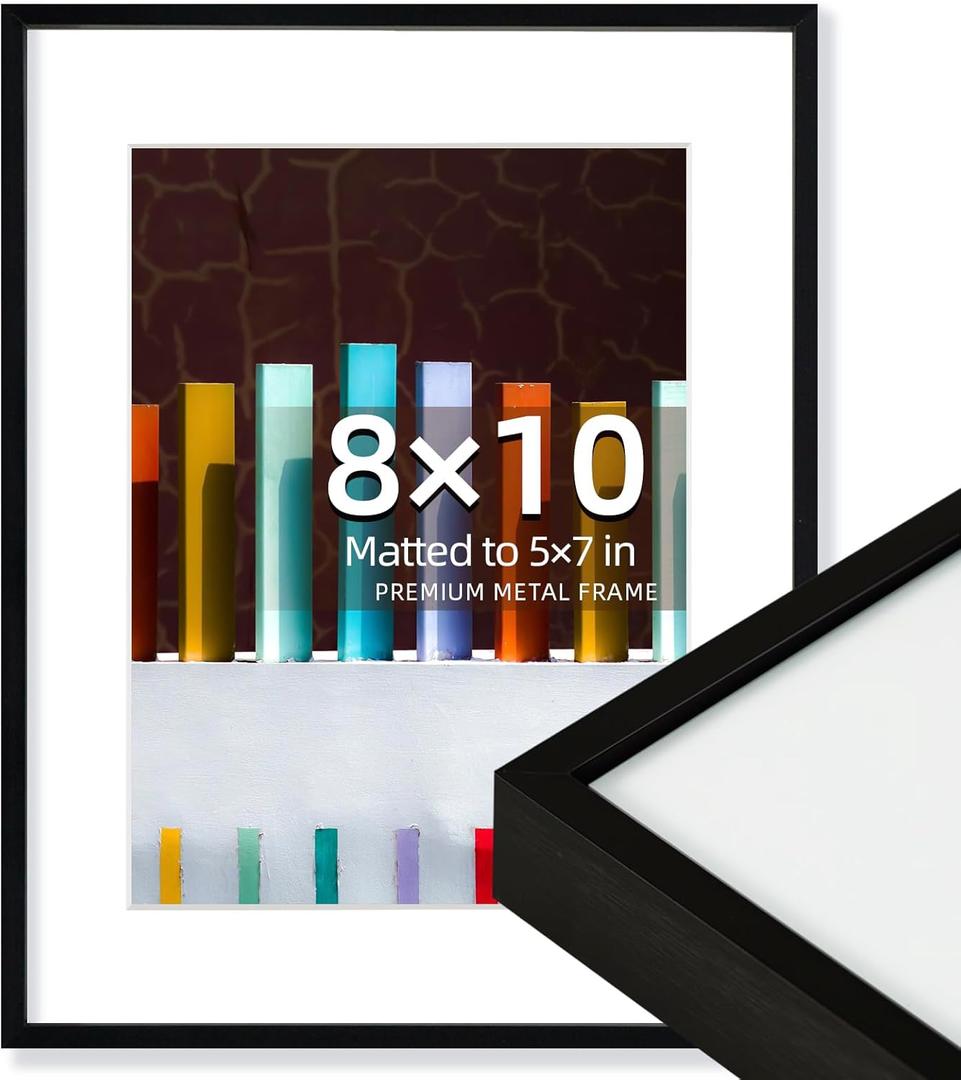 OUZUGIE 8X10 Picture Frame,Display Poster 5X7 With Mat or 8X10 Without Mat,Black Aluminum Poster Frames with Premium Acrylic,Photo Frames with Strong Corner Design for Gallery Wall and Tabletop