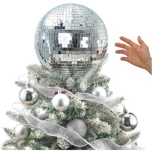 Retisee 6'' Disco Ball Christmas Tree Topper Silver Mirror Xmas Tree Topper 3D Hollow Silver Disco Ball Decor for 70s Holiday Wedding Birthday Party Decorations