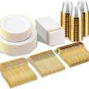 SUT 350 PCS Elegant White and Gold Disposable Dinnerware Set - Premium Dinner & Salad Plates, Cups, Napkins & Cutlery for 50 Guests - All-Inclusive Party Plastic Plates
