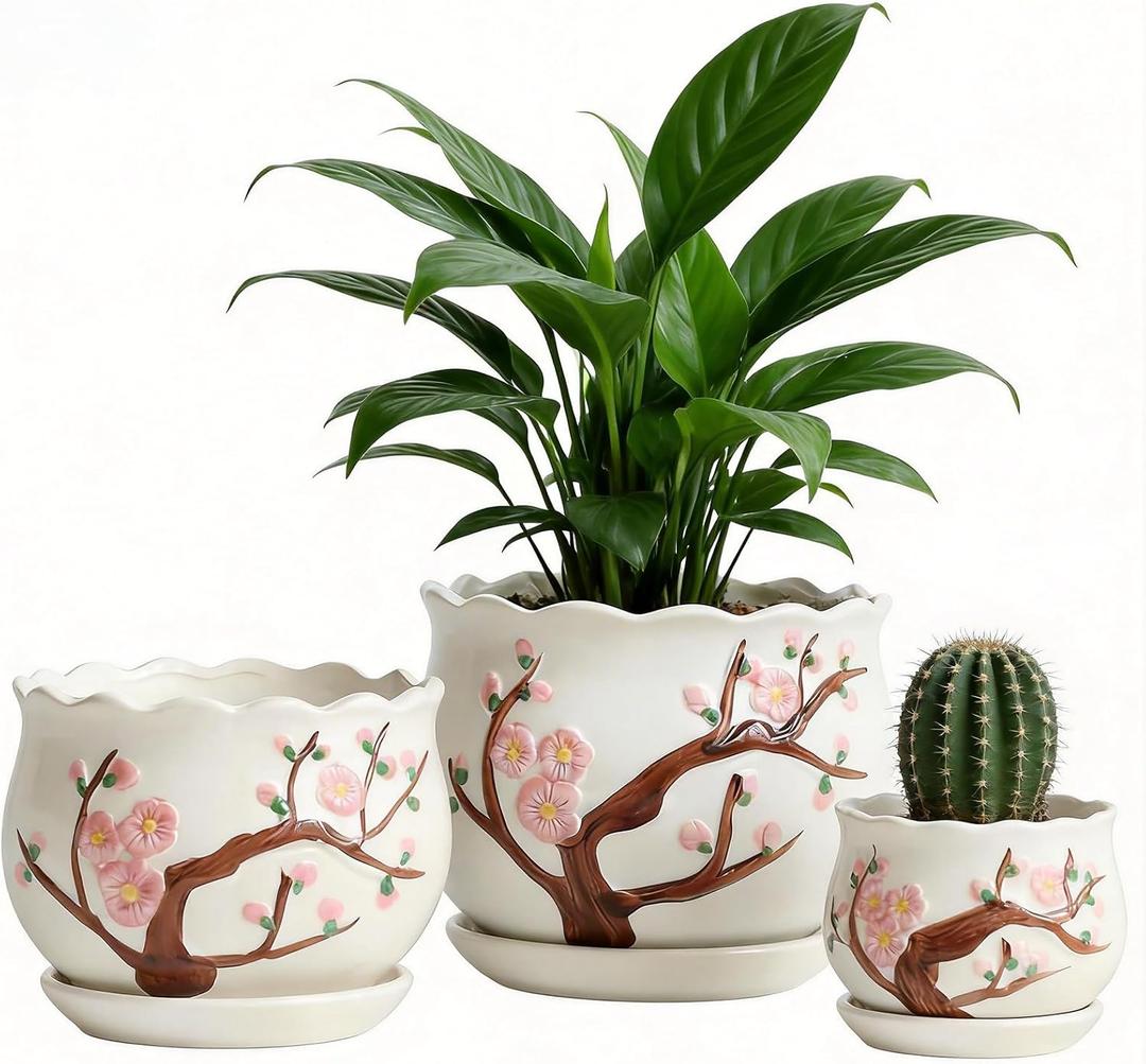 Vintage Flower Pots for Indoor Plant, Round Ceramic Plant Pots with Drainage Holes and Saucers, 6.7/5.2/3.9 Inches Retro Flower Planters Set of 3 (Cherry Blossom)