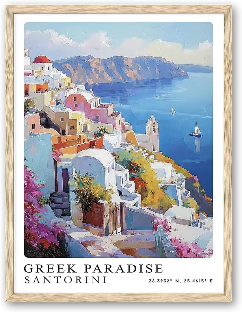 Natural Oak Frame Wall Art, 8X10 inch Greek City Tourist Landscape Poster Canvas Wall Printing, Classic City Landmark Wall Decoration, Suitable Bedroom for Living Room