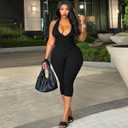 Women Sexy Deep V Neck Sleeveless Backless Bodycon Capri Jumpsuit Halter Party Club Rompers One Piece Outfits (Black, XS)
