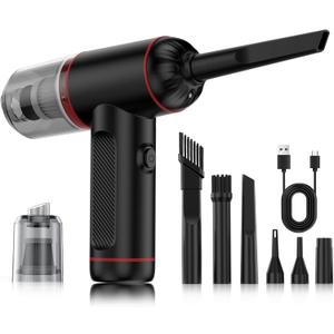 Compressed Air Duster, 100000RPM Handheld Car Vacuum/Air Blower& Pump, 3 Gear Adjustable Electric Air Duster/Car Vacuum Cleaner, Keyboard Duster with LED Light-10 Kits Air Blower for Computer(Black)
