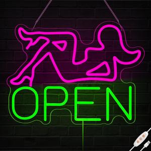 Open Neon Signs, 16.5"x12.5" Pink Lady LED Bar Neon Light Sign for Wall Decor, Bar, Restaurant Hotel, Shop, Club Decor Party Wall Art, USB Powered with Adjustable Brightness Switch,  Color: Green Pink OPEN