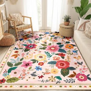 Floral 5x7 Area Rug Machine Washable Soft Print Boho Carpet Non Slip Doormat Low Pile Flower Area Rugs for Living Room Bedroom Nursery Kitchen Dining Room Indoor-Pink