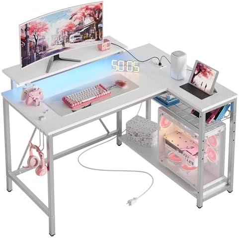 Bestier White Computer Desk with Charging Port & LED Strip,42 inch Modern Gaming Desk with Reversible Storage Shelves,Small L Shaped Desk with Hooks for Home Office