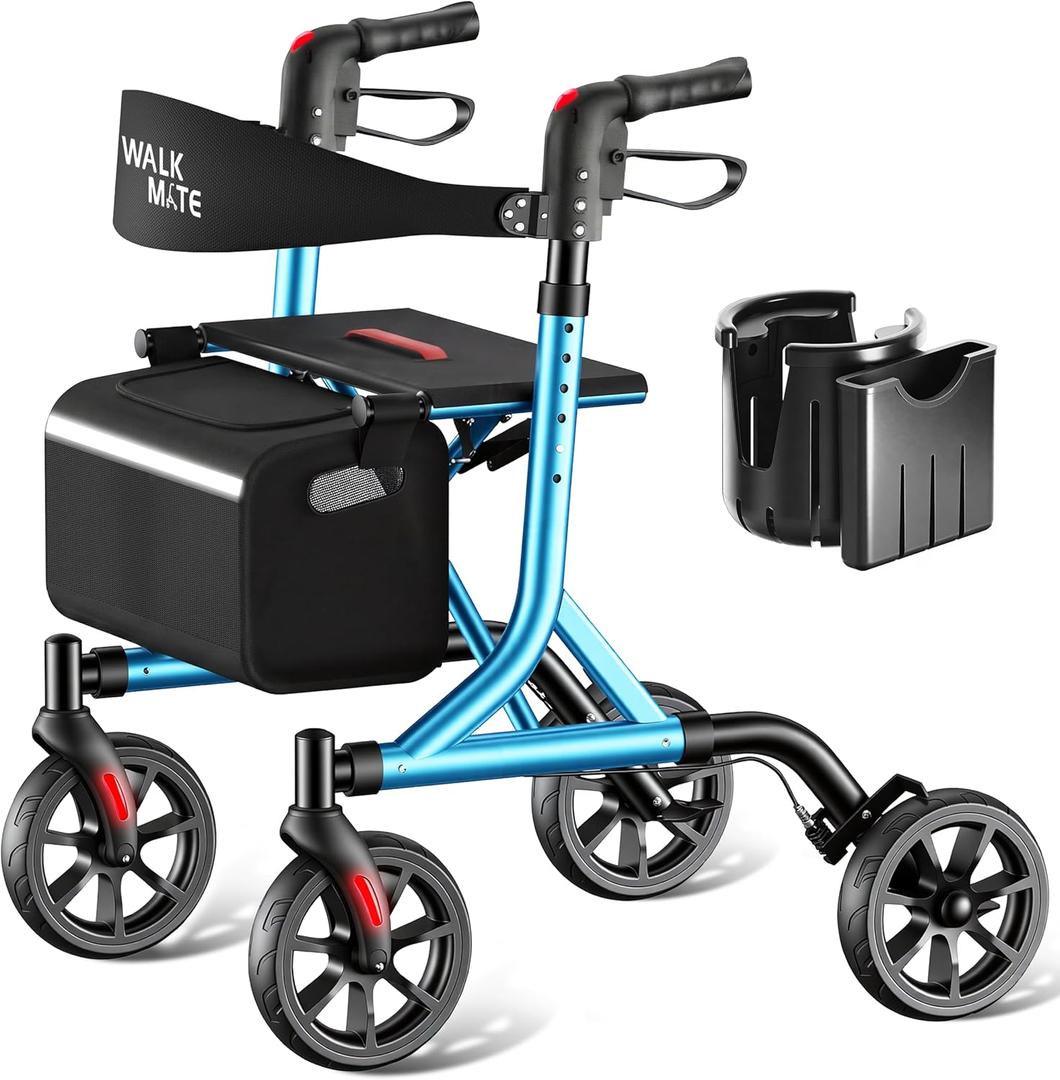 WALK MATE Rollator Walker for Seniors with Cup Holder, Upgraded Thumb Press Button for Height Adjustment, 4 x 8 Wheels Walker with Seat Padded Backrest Folding Lightweight Walking Aid, Blue