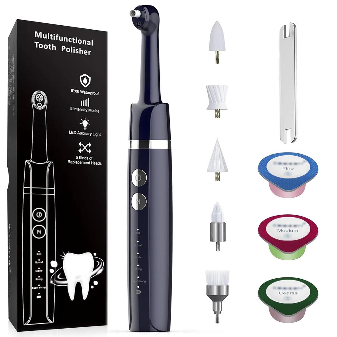 Tooth Polisher,Teeth Polishing Kit for Daily Cleaning,Polishing Then Whitening of Tooth (Professional Toothpaste Include),USB Rechargeable Dental Polisher with LED Light,6 Heads,5 Speed Modes (Morandi Blue)