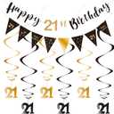 21st Birthday Decoration Kit - Happy 21st Banner Bunting Swirls Streamers, Triangle Flag Banner for Party Decorations - Black and Gold