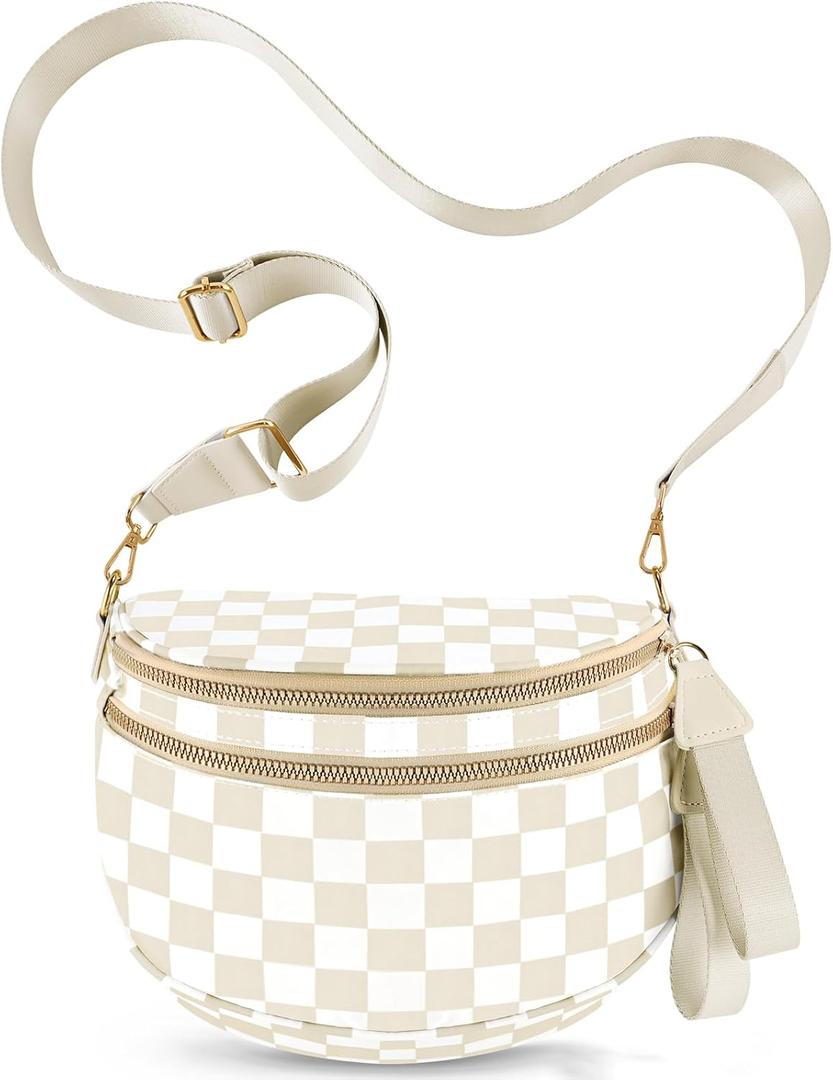 Checkered Crossbody Bags for Women, Large Nylon Bum Bags Plus Size Fanny Pack Sling Bag Belt Bag for Women Travel, Beige Checkered