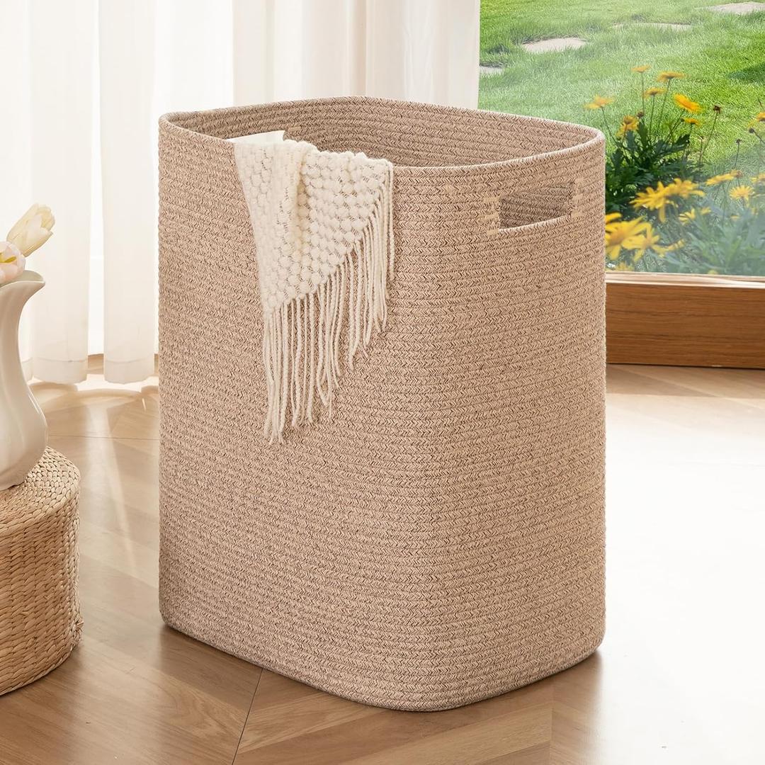 OIAHOMY Laundry Hamper, Rectangle Cotton Laundry Basket with Handles, Large Blanket Basket for Living room, Woven Decorative Storage for Toys,Clothes,Pillows-16x13x22in-Brown variegated