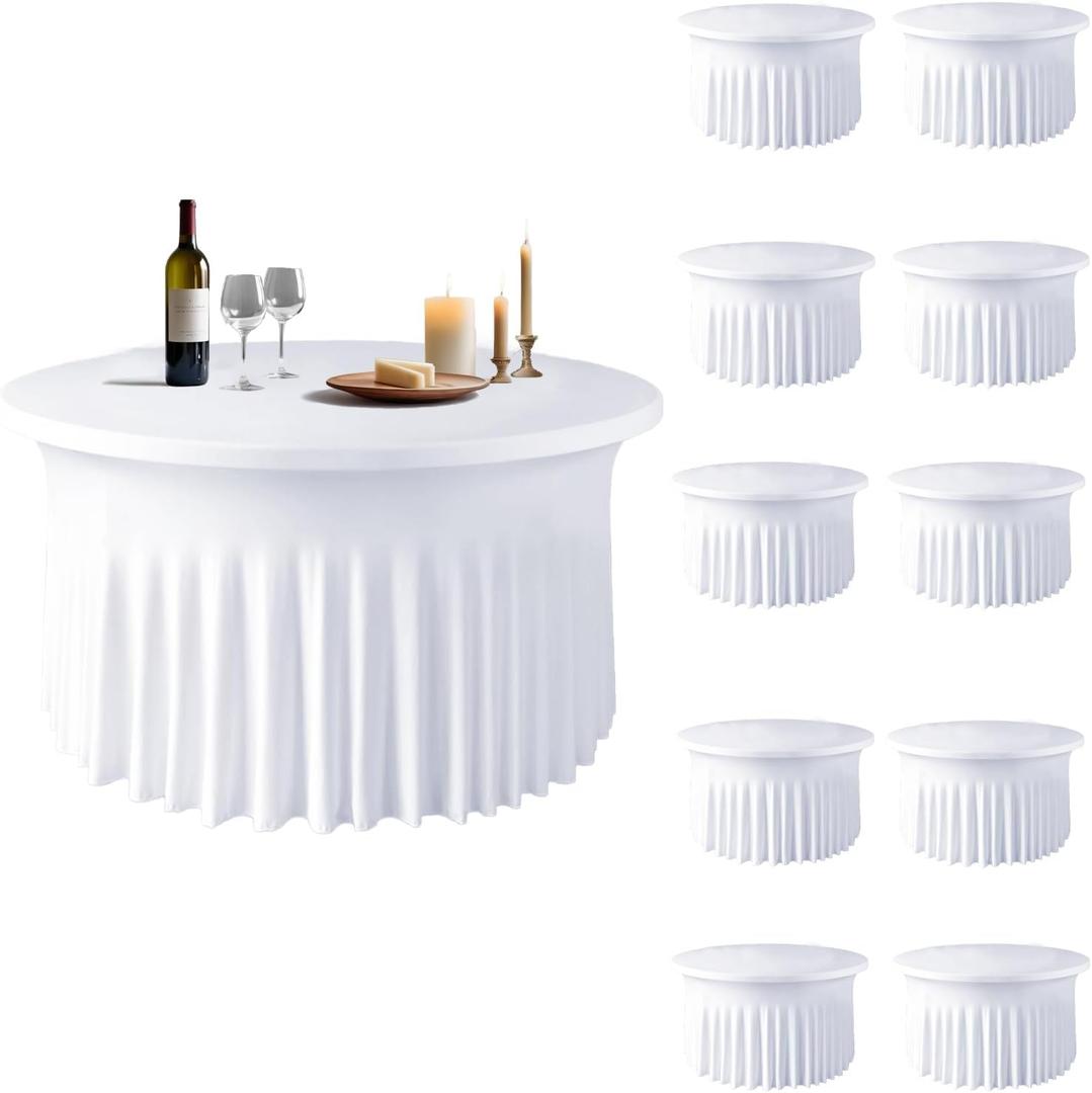 10 Pack White Round Spandex Tablecloths for 60in Tables, 120Inch Stretchy Fitted 5FT Round Table Clothes,Wrinkle Free Table Cover with Skirt for Wedding Party Dining Banquet