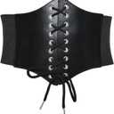 Black Corset Waist Belt for Women Elastic Lace up Renaissance Pirate Accessories Tied Waspie Wide Belt for Halloween (Black)