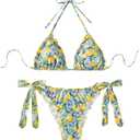 Milumia Women's 2 Piece Bikini Set Lemon Lettuce Trim Halter String Triangle Bathing Suit, Large