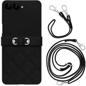 for Samsung Galaxy Z Flip 7 Case, Slim Quilted Leather Shockproof Cover with 1 Pcs Adjustable Neck Strap,1 Pcs Wrist Strap, for Samsung Z Flip7