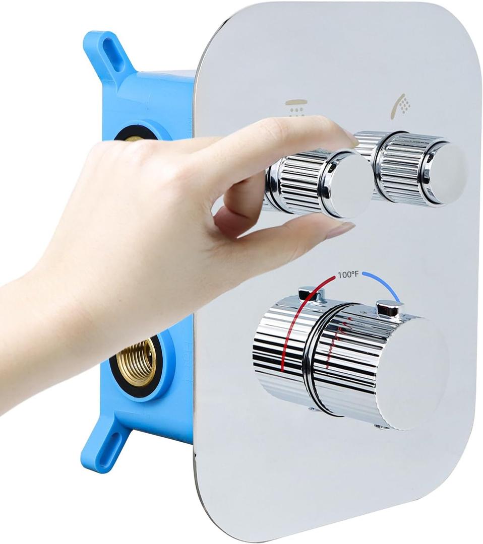 2 Way Brass Shower Diverter Valve Kit - Thermostatic Flow Control Valve, Simultaneous Operation, Adjustable Flow, Chrome Finish