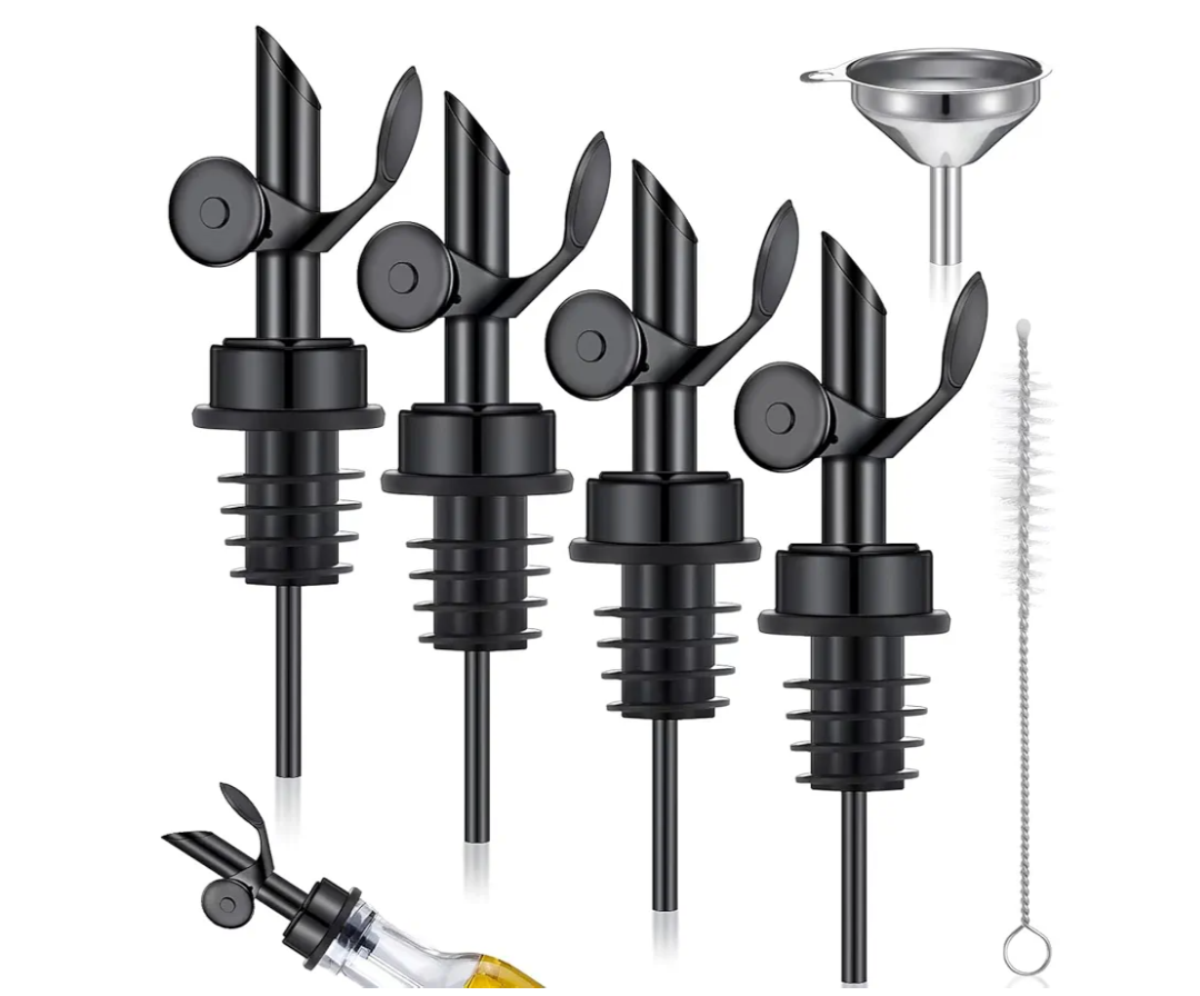 Tioncy 4 Pieces Weighted Stainless Steel Pourers Olive Oil Spout Olive Oil Dispenser Spout Automatic Opening and Closing with Funnel and Brush for Pouring Wine Syrup Kitchen(Black)