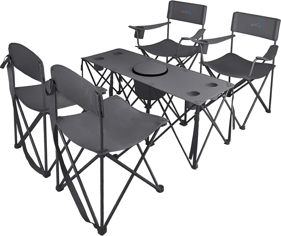 Colorsoul 5 Pcs Camping Chair Set w/Table, Outdoor Folding Chairs with Cooler Bag Cup Holder & Portable Table, Heavy Duty Oxford Fabric Lawn Chairs for Camping, Fishing, Picnic, Sporting Events, Grey
