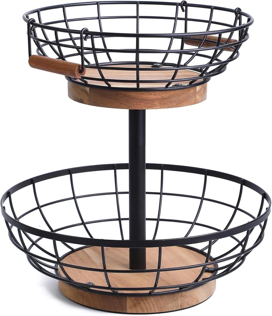WILDMOS 2-tier Fruit Basket Bowl,Metal Basket with Wooden Base,Fruit and Vegetable Storage with Banana Hanger,Fruit Basket for Kitchen Counter Organizer.