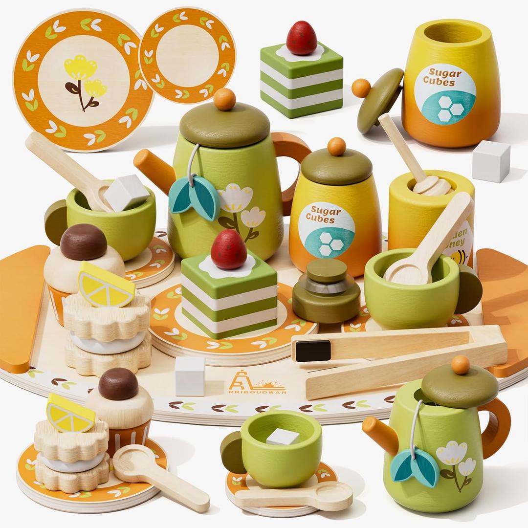Wooden Tea Set for Toddlers, Pretend Play Tea Party Toys Age 3-5 Kids Girls & Boys Gift