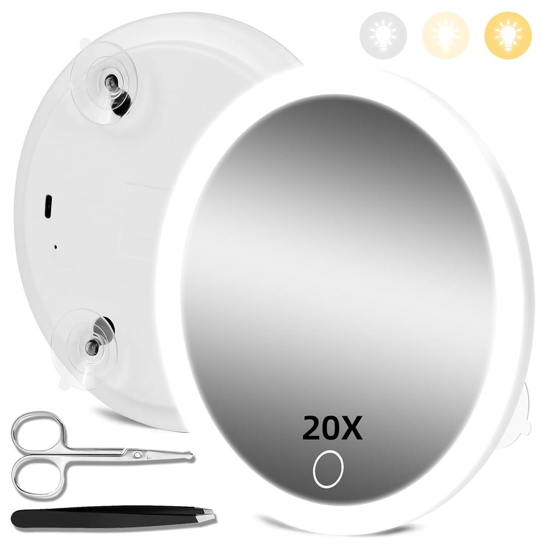 20X Magnifying Mirror with Lights, 20X Magnified Mirror with 3-Color Light Adjustable Brightness, 6inch Travel Magnification with 3 Suction Cups - Includes Tweezers & Scissors Set