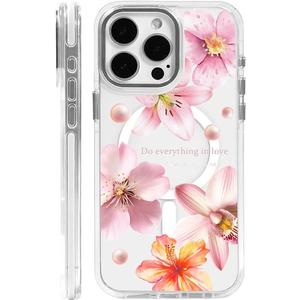 for iPhone 15 Pro Max Case [Compatible with Magsafe],Girls Women Clear Magnetic Case Silicone Shockproof Protective Cover with Pattern Hibiscus Bubbles