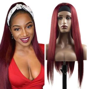 32 Inch 99J Burgundy Headband Wigs Human Hair Straight Wigs for Black Women Brazilian Virgin Hair Glueless None Lace Front Half Wig Wear and Go Wine Red Headband Wigs Human Hair