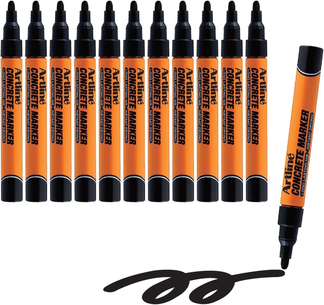 Artline Professional Concrete Permanent Markers with Durable 1.5mm Bullet Tip, Heavy Duty and Ideal for Rough Surfaces, Quick-Dry Ink Construction Markers, and for Parking Lot Marking - Black, 12-Pack