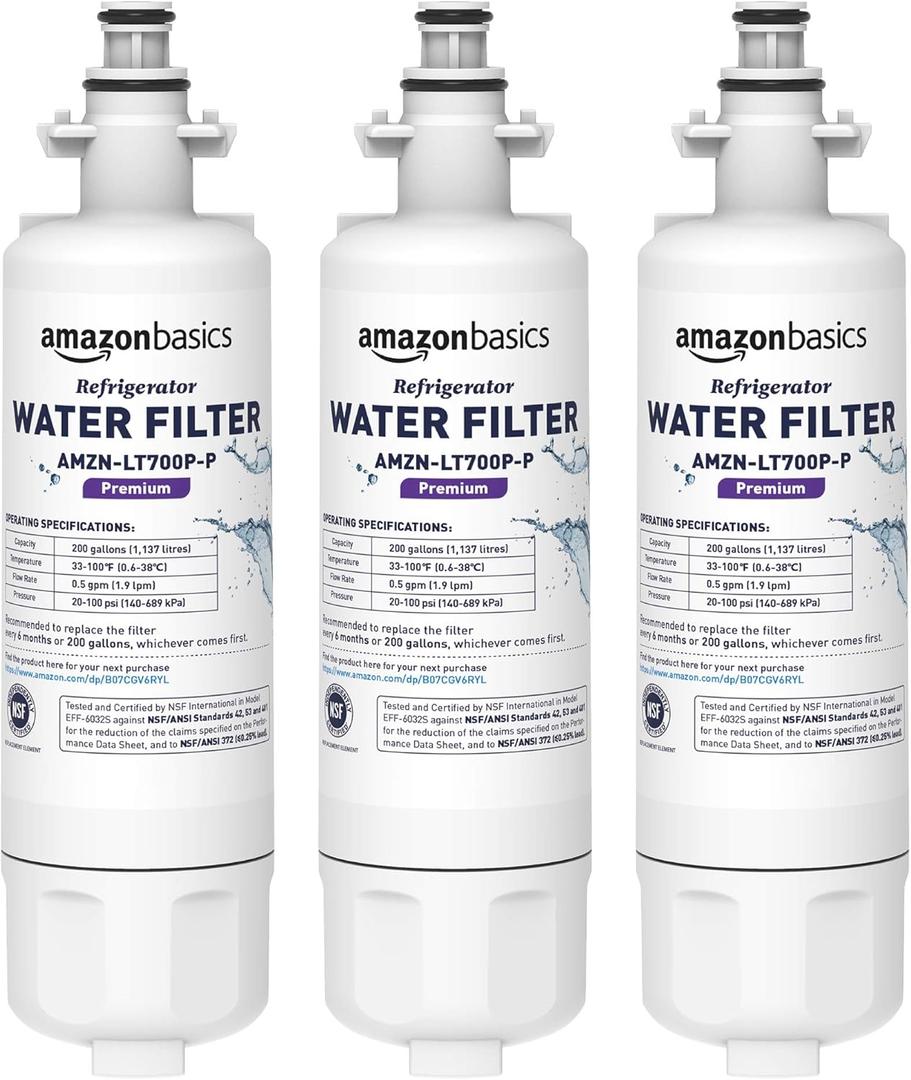Amazon Basics Replacement LG LT700P Refrigerator Water Filter Cartridge, NSF Certified, Easy Install, Leak-Proof, 3-Pack