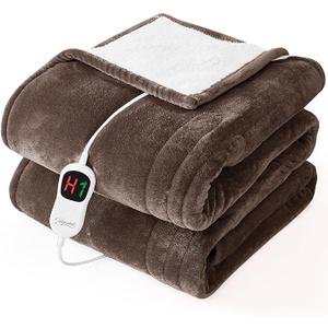 Homemate Electric Heated Blanket Twin  62"x84" Heating Bed Blankets Throw with 10 Heating Levels 8 Hours Auto Off Fast Heating OverHeated Protection Ultra Soft Warm Flannel ETL Certified Brown