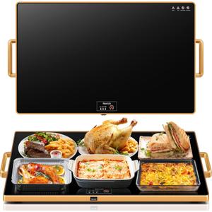 Electric Warming TrayXXL 32x18Food Warmer with Thermostat and Full Surface HeatingFood Warming Mat with 2 Temperature Modes for Parties BuffetGatheringsGold Edge Handles Warming Mat for Food (Black)