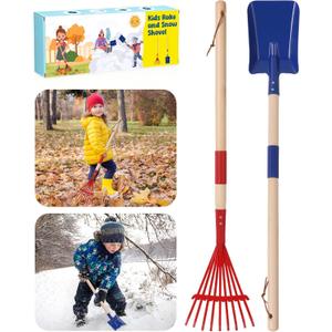 2 Pcs Kids Rake and Shovel Set,28" Toddler Size Metal Snow Shovel & Leaves Rake with Wooden Handle,Real Gardening Tools for Child Age 3 for Little Helpers in Winter Yard Fun