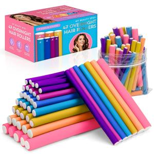 My Beauty Spot Flexi Rod Rubber Rollers - 47 pc. Salon Quality Overnight Hair Rollers for Medium to Long Hair - 7 Sizes for Tight Curls or Loose Waves, Damage Free, Heatless Curls Overnight