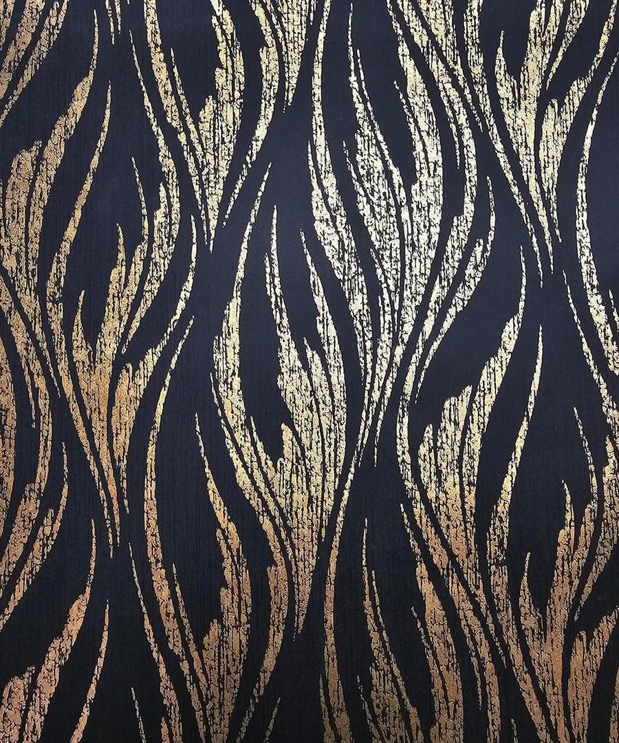 Boho Ripple in Bracken Wallpaper Metallic Gold on Matt Black Shimmer Wallpaper 20.8"x 393.0" Non-Woven Thick Textured Wall Paper