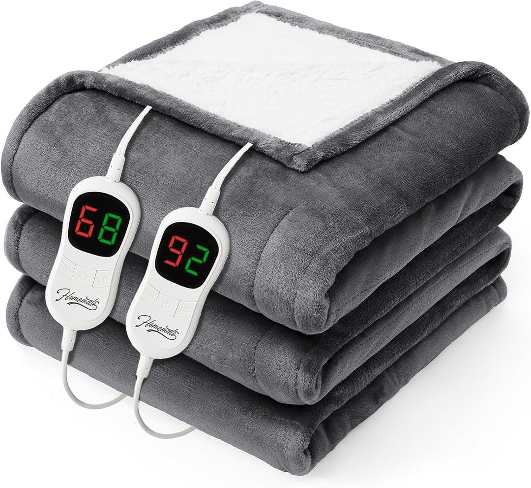 Homemate Electric Heated Blanket Queen Size  84"x90" Heating Blanket Queen Size Dual Control 1/2/4/6/8 Hours AutoOff 10 Heat Level OverHeat Protection Luxury Faux Fur Sherpa ETL Certification
