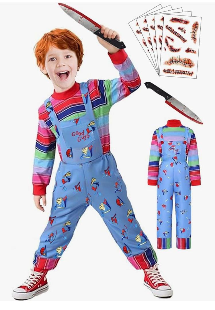 Halloween Chucky Costume for Kids Jumpsuit Long Sleeve Rainbow Shirt, Size M
