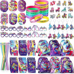 Tellingyou 140 Pcs Roller Skate Party Favors Includes 12 Drawstring Backpacks 12 Silicone Wristbands 12 Badges 12 Keychains 18 Notepads 12 Pencils 12 Slap Bracelets 50 Stickers for Retro Hip Hop Party