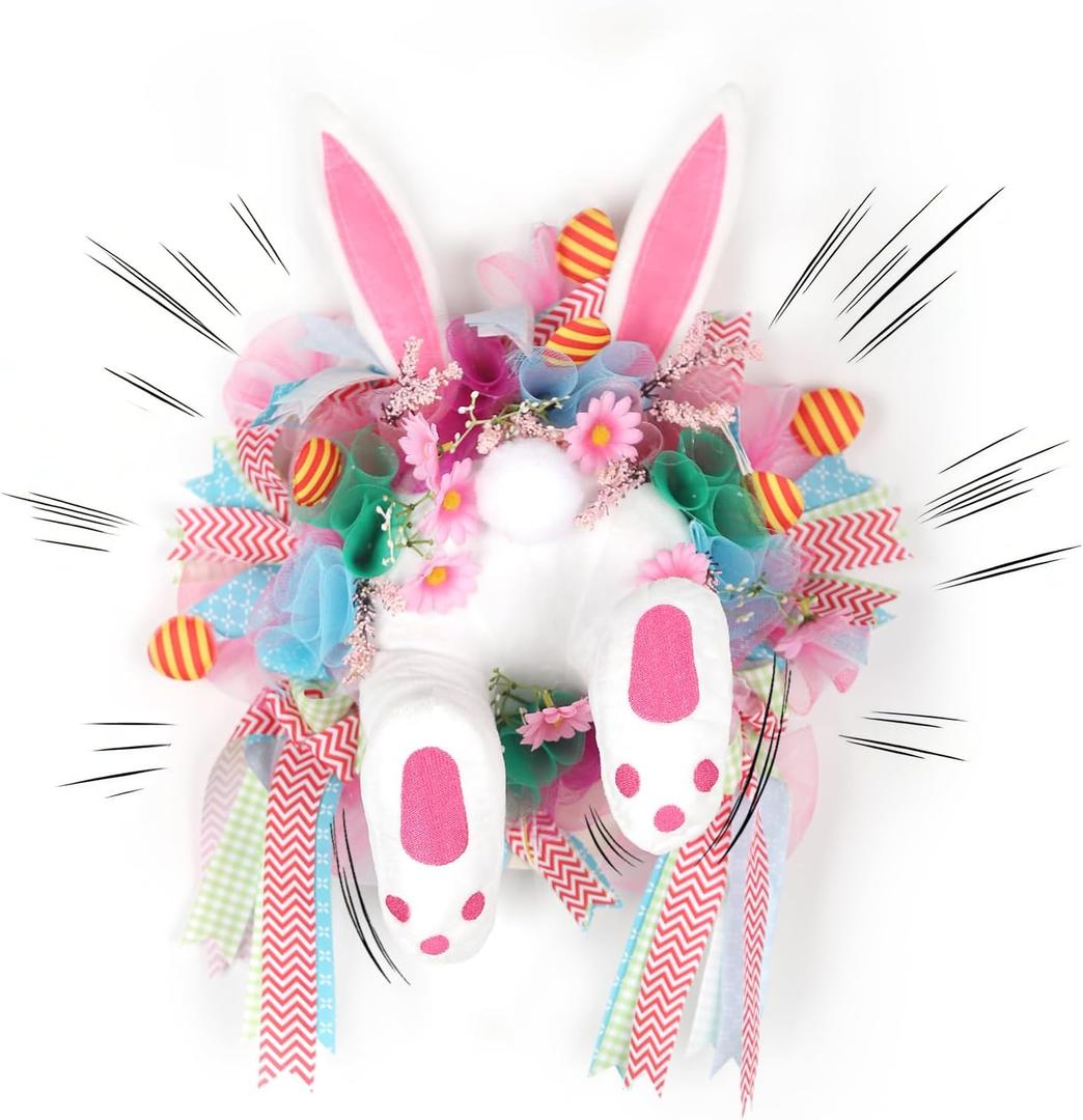 Interactive Easter Wreath with Moving Bunny Butt, Battery-Powered Animated Door Decor with Sound