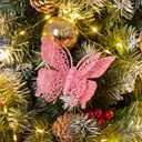 15 PCS Glitter Christmas Tree Butterfly Ornaments, Hollow Butterfly Christmas Decorations with Clips, Artificial Butterfly Ornaments Decoration for Christmas Tree, DIY Xmas Wreath Decor - Pink