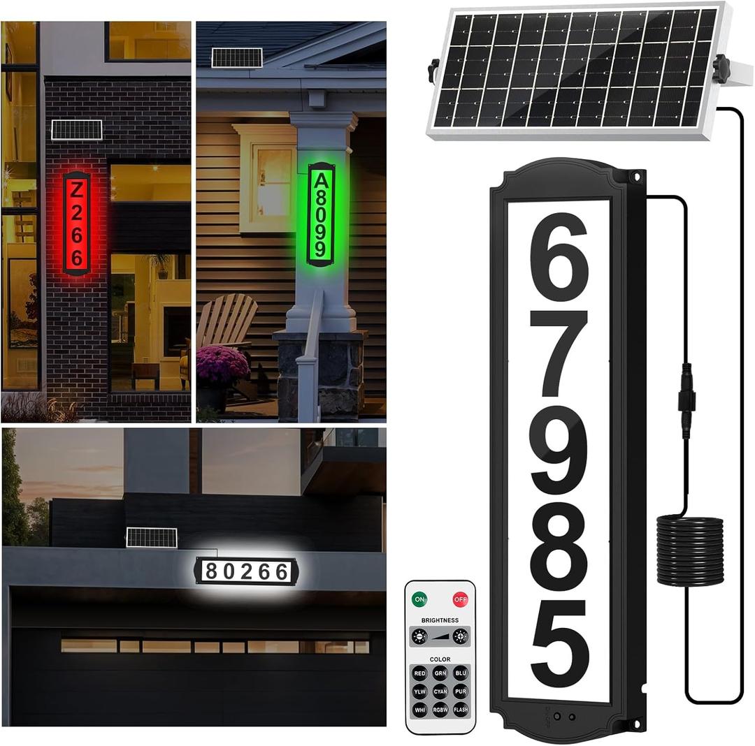 Solar House Numbers with Separate Panel, T-SUNUS Address Sign for Outside Horizontal & Vertical Mounted, Waterproof LED Number Plaque Street Yard Mailbox Visitor Mailman 911 Ubereats (RGB&White 6000K)